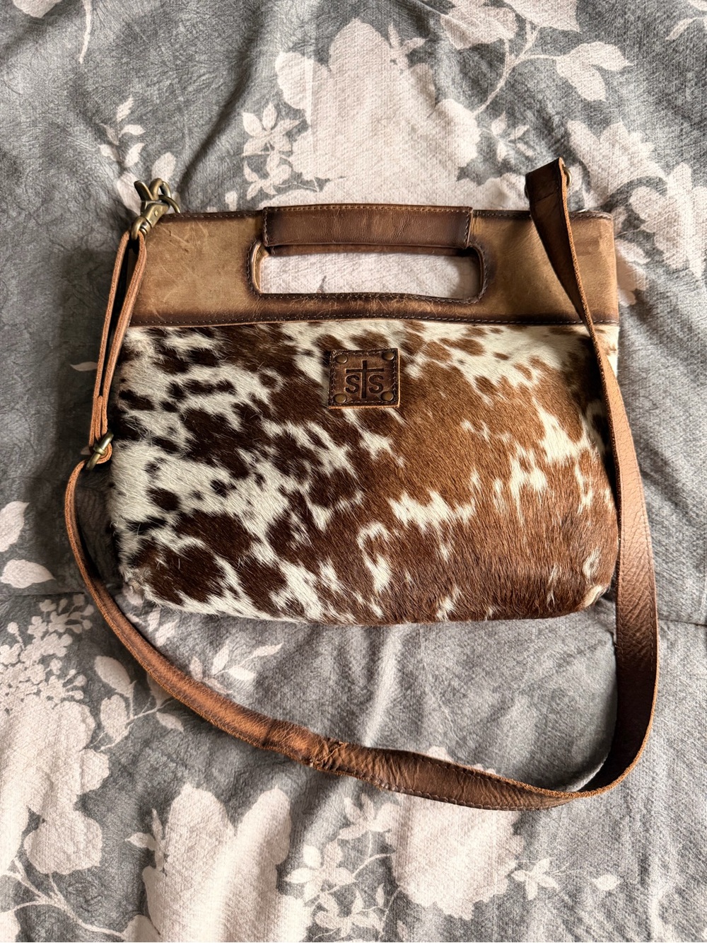 STS Ranchwear Brown and White Cowhide Crossbody with Leather Trim